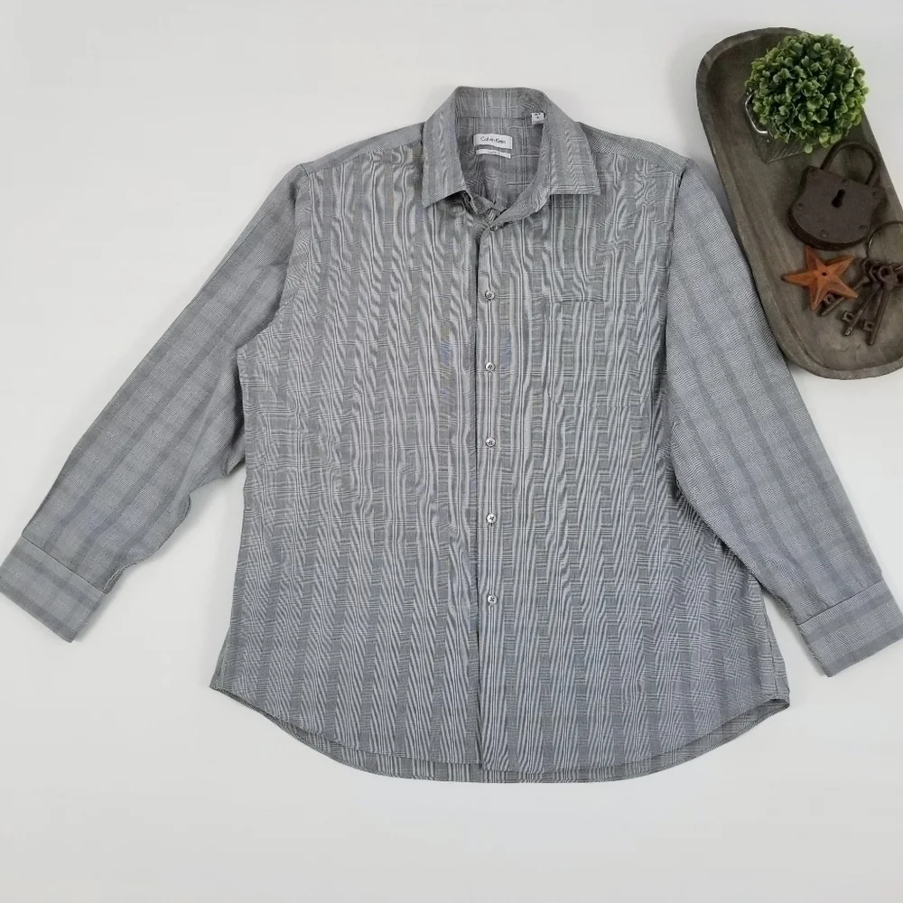 Calvin Klein shirt mens gray glen check plaid regular fit size XL  17 34/35 - Picture 2 of 7